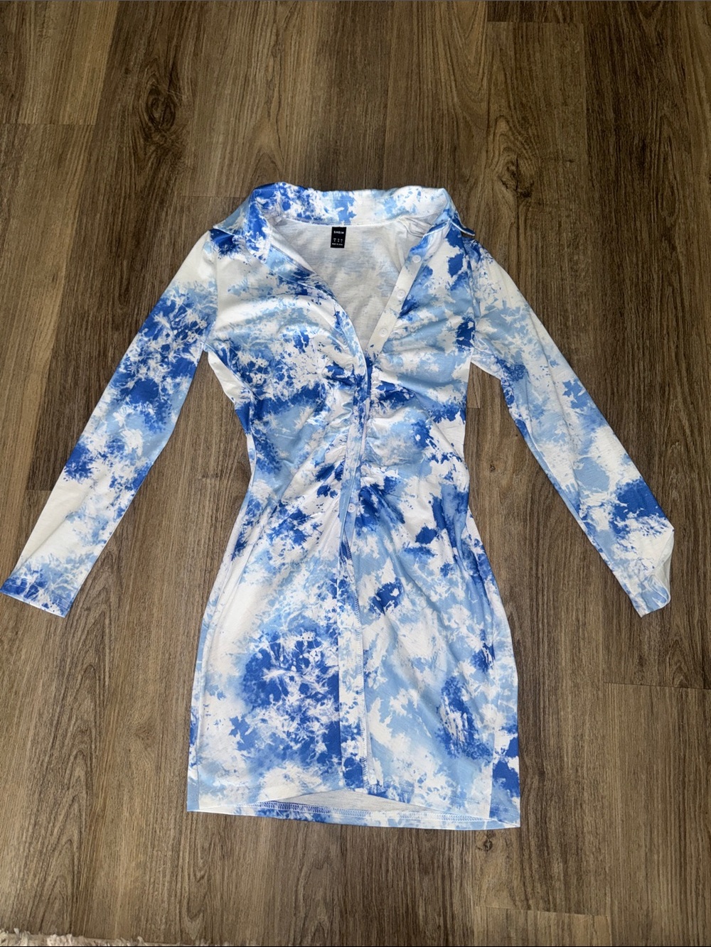 SHEIN Blue & White Tie-Dye Long Sleeve Bodycon Dress